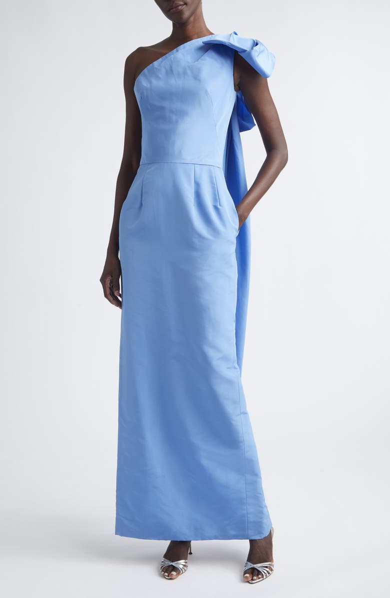 Oscar de la Renta Bow Detail One-Shoulder Silk Faille Column Gown, Alternate, color, Twilight