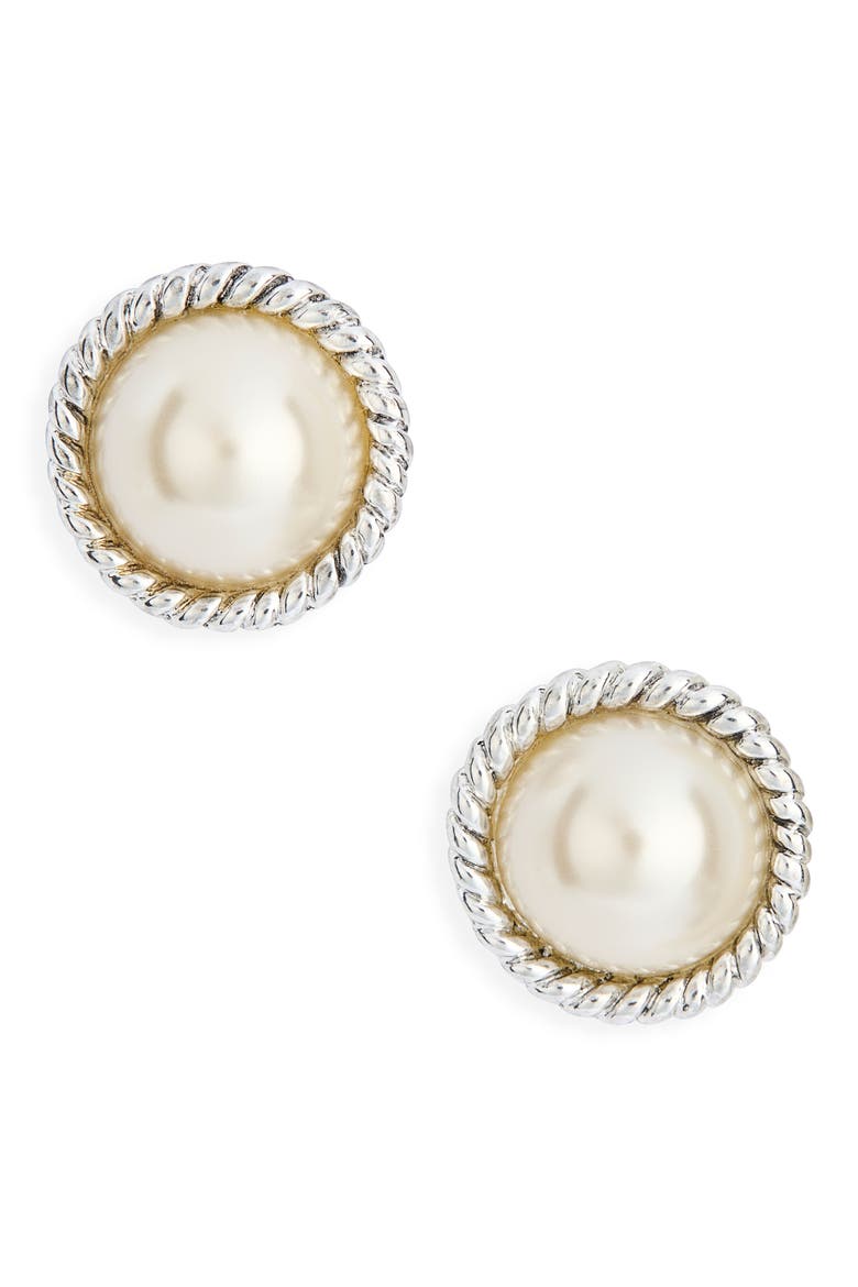 Faux Pearl Button Stud Earrings, Main, color, SILVER
