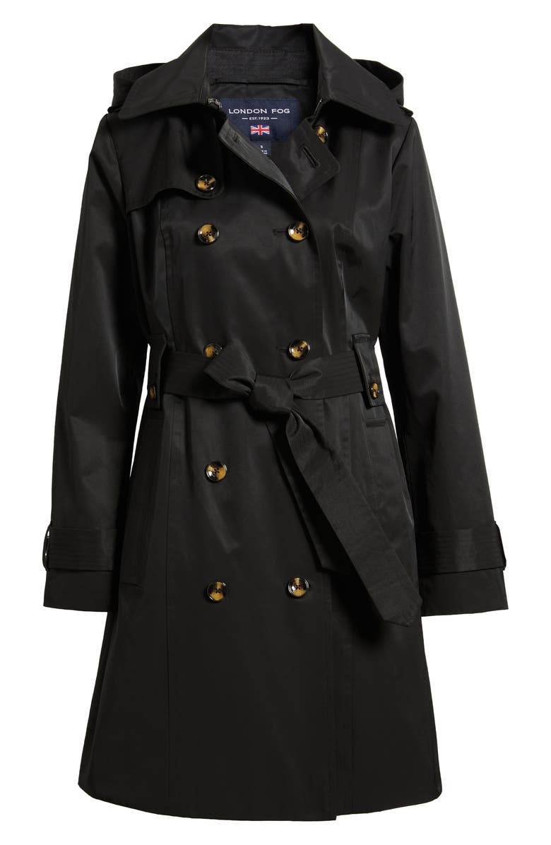 London Fog Missy Hooded Belted Trench Coat, Alternate, color, Black