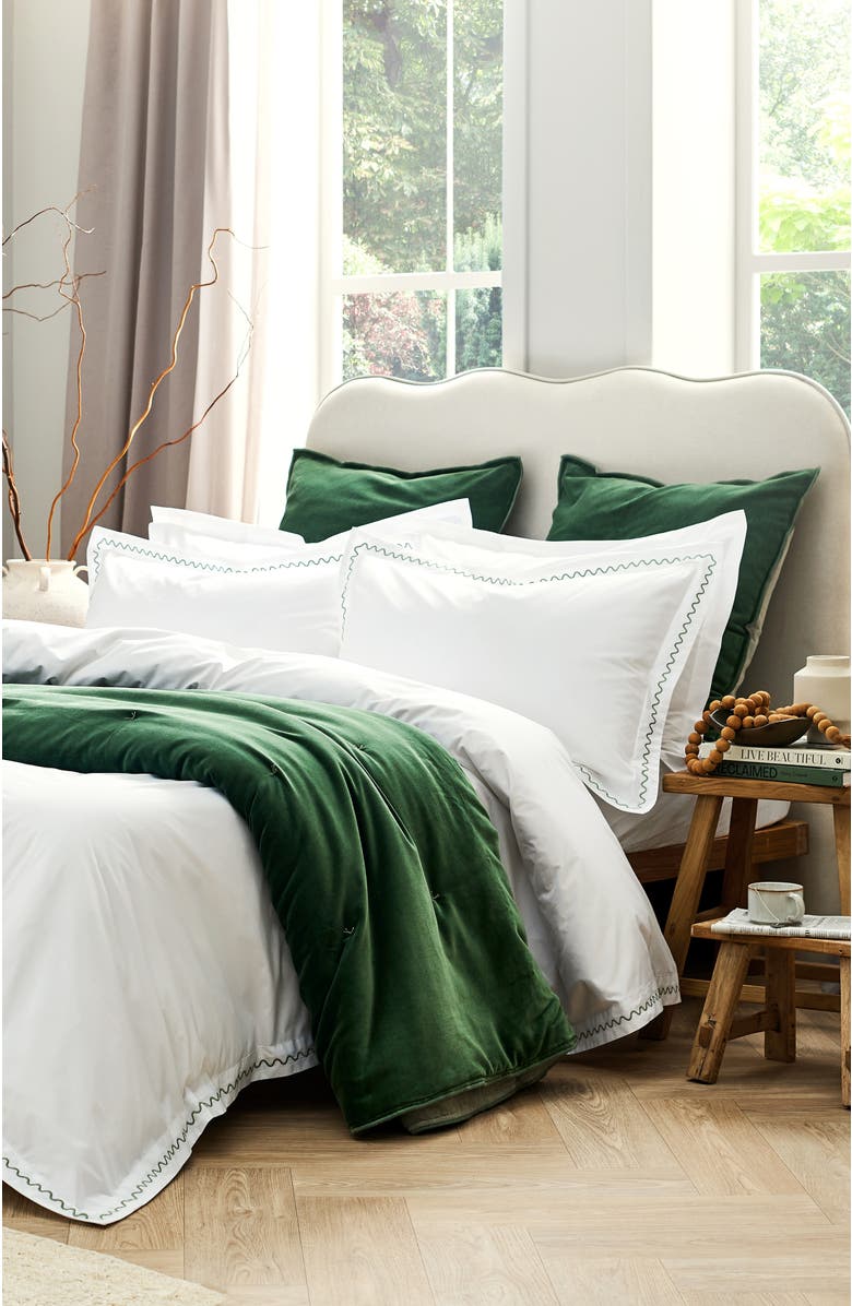 CHRISTY Wave Embroidered Edge Cotton Percale Duvet Cover Sets, Alternate, color, Sage Green