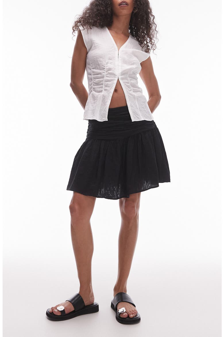 Ruched Drop Waist Cotton Miniskirt, Main, color, BLACK