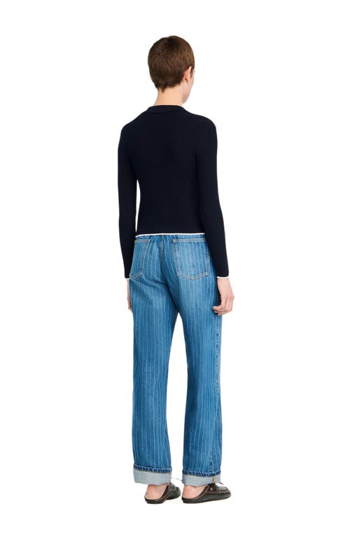 Sandro Cropped Polo Collar Cardigan In Blue