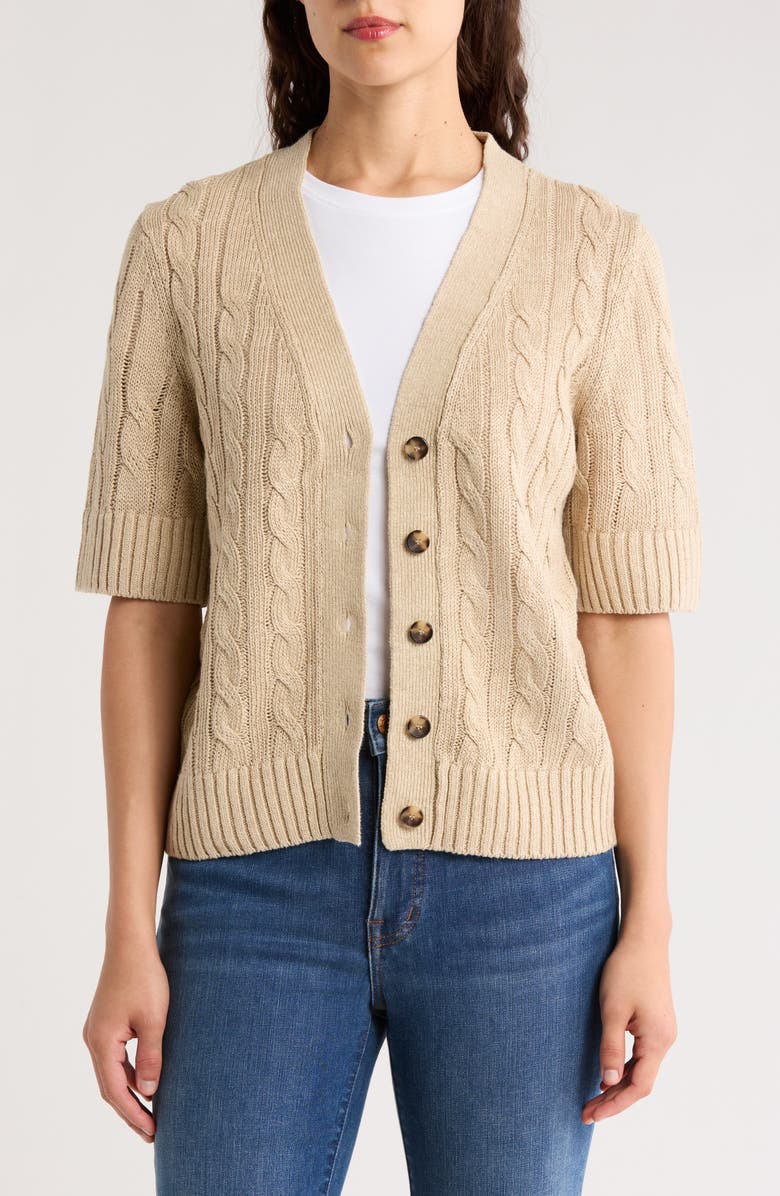 Veronica Beard Julietta Short Sleeve Linen & Silk Blend Cardigan, Main, color, 