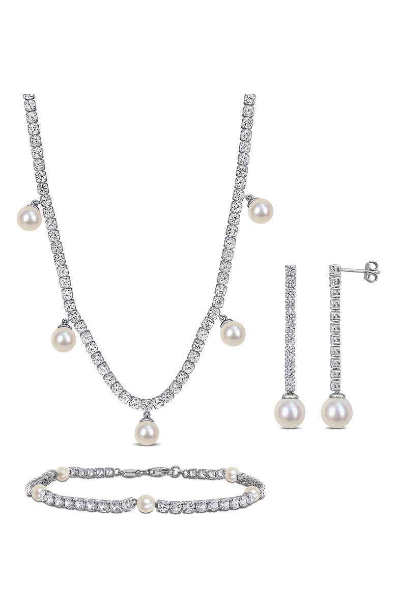 DELMAR Lab Grown White Sapphire & Cultured Pearl Earrings, Bracelet & Necklace Set, Main, color, White