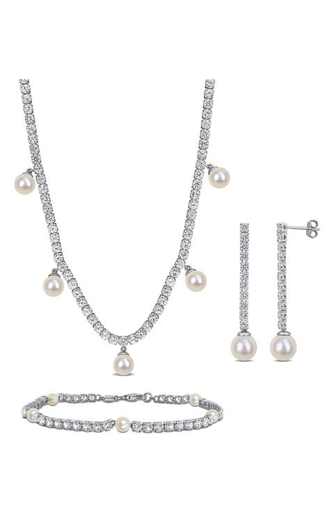 Lab Grown White Sapphire & Cultured Pearl Earrings, Bracelet & Necklace Set