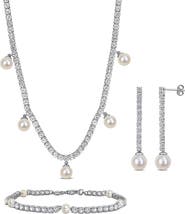 DELMAR Lab Grown White Sapphire & Cultured Pearl Earrings, Bracelet & Necklace Set