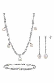 Lab Grown White Sapphire & Cultured Pearl Earrings, Bracelet & Necklace Set