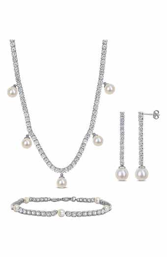 Lab Grown White Sapphire & Cultured Pearl Earrings, Bracelet & Necklace Set