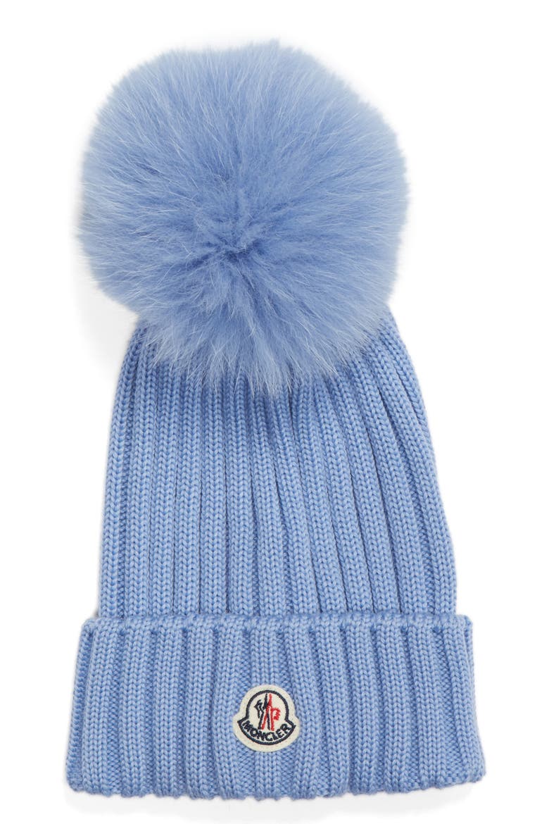 Genuine Fox Fur Pom Wool Beanie, Main, color, BLUE
