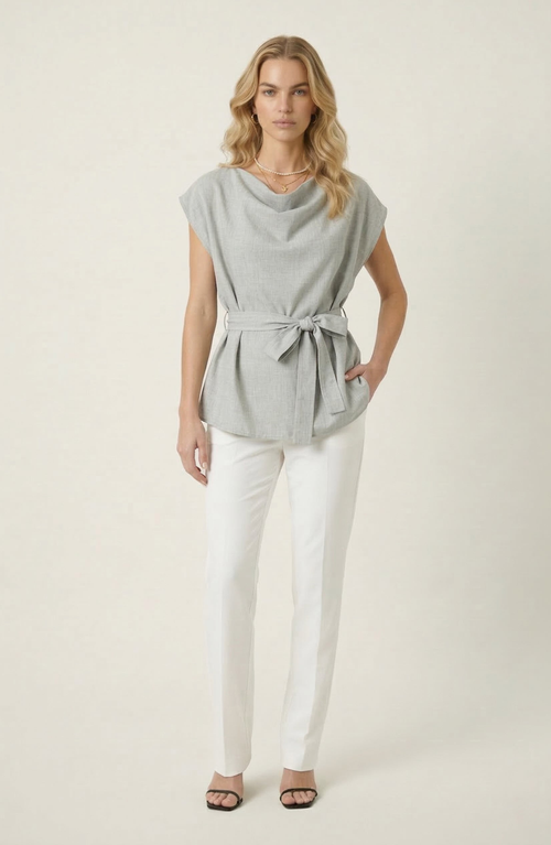 Modenaire Draped Neck Top In Light Grey