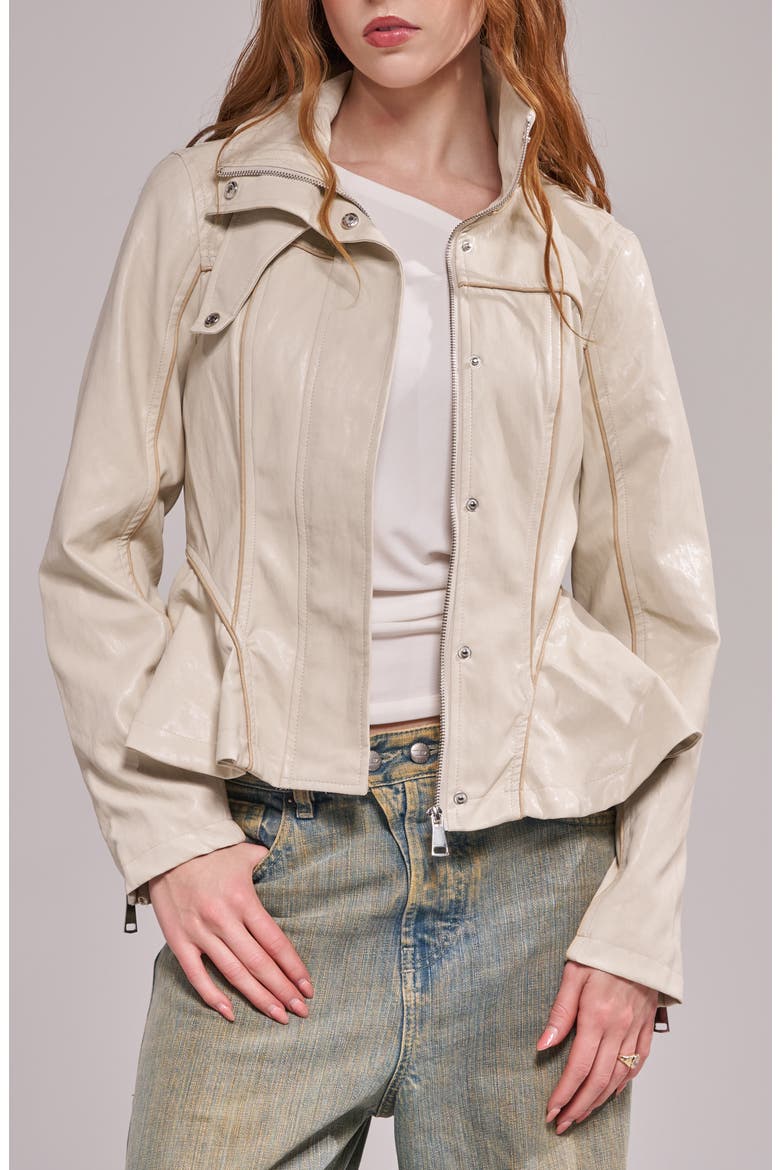 Ally Faux Leather Peplum Moto Jacket, Alternate, color, BONE