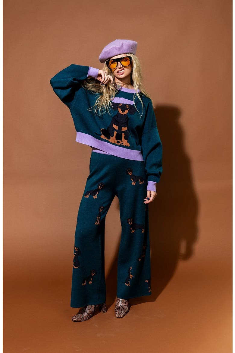 Weenie Dog Jacquard Sweater & Wide Leg Pants Set, Alternate, color, TEAL