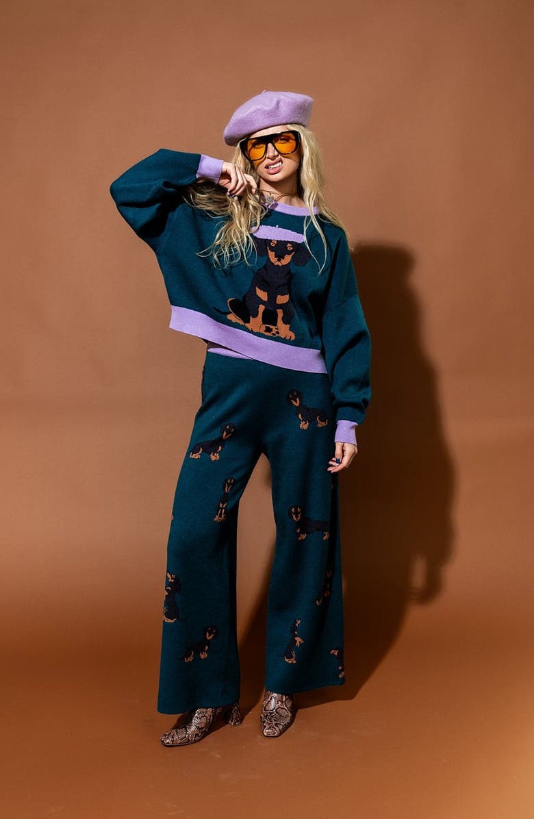 Dressed in Lala Weenie Dog Jacquard Sweater & Wide Leg Pants Set, Alternate, color, Teal
