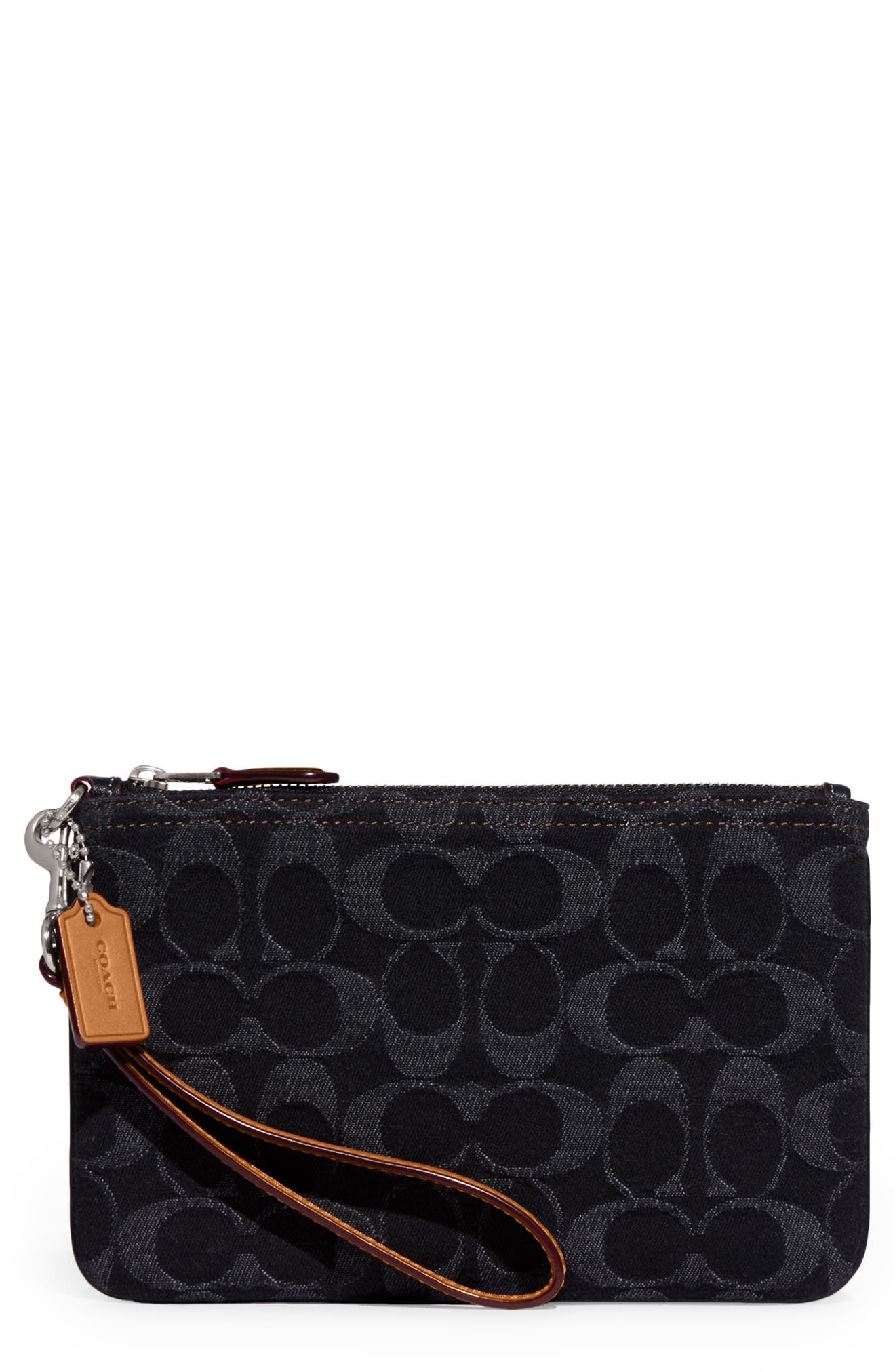 Small Signature Washed Denim Wristlet, Main, color, LH/ BLACK DENIM