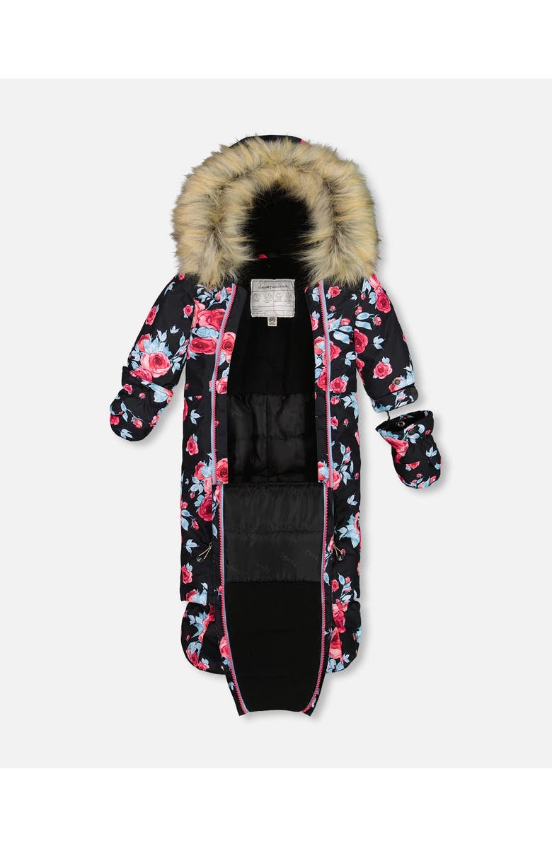 Deux par Deux Baby Girl's One Piece Baby Snowsuit Black Printed Roses Designed For Car Seat, Alternate, color,