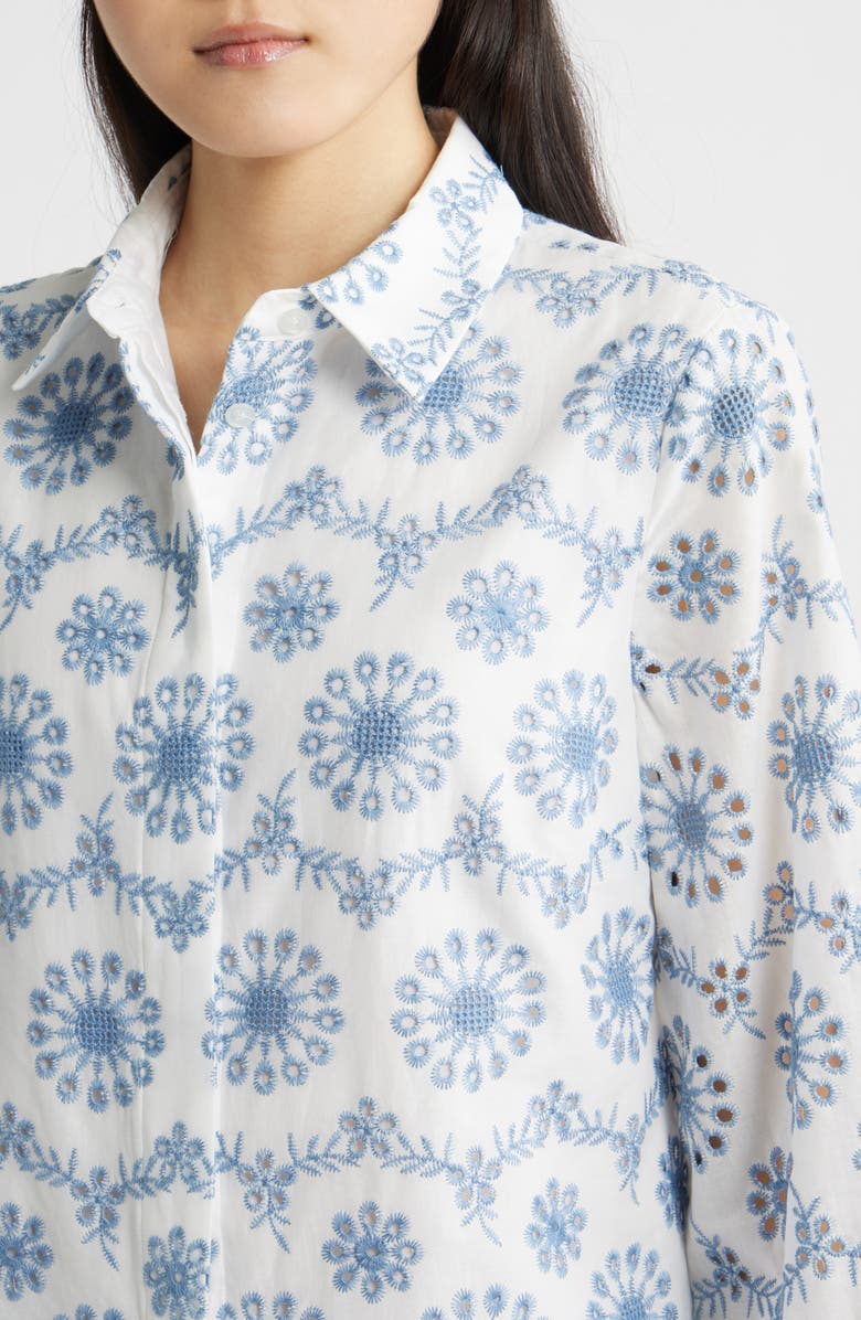 Anne Klein Embroidered Eyelet Cotton Button-Up Shirt, Alternate, color, Crisp White/ Lagoon