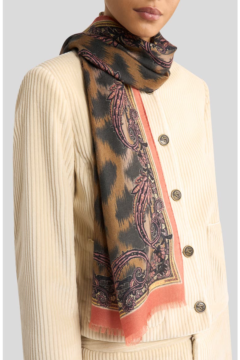 Tosca Wool, Cashmere & Silk Fringe Scarf, Main, color, PRINTED BLACK BASE