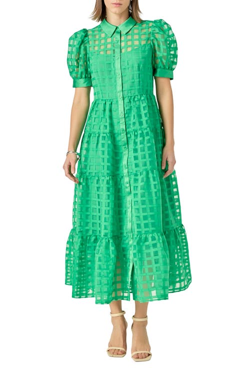Grid Pattern Tiered Midi Shirtdress