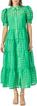 English Factory Grid Pattern Tiered Midi Shirtdress