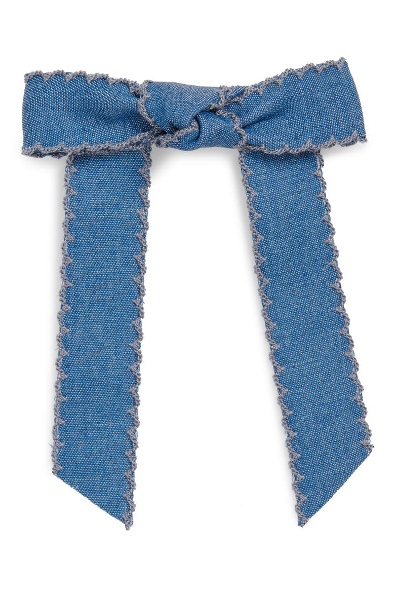 Bardot Scalloped Edge Denim Bow Barrette, Main, color, DENIM