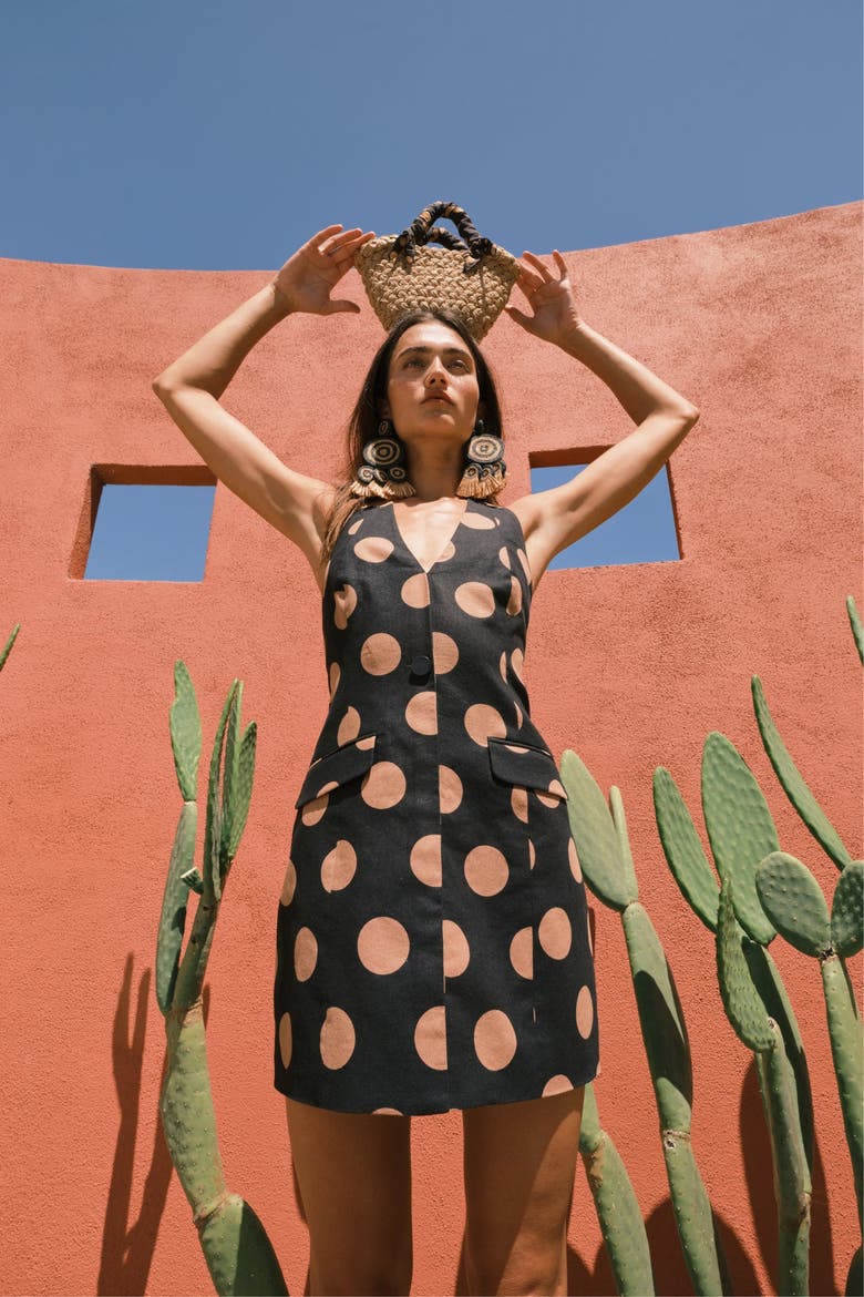 Kirra Linen Mini Dress, Alternate, color, Black Tan/Polka Dot