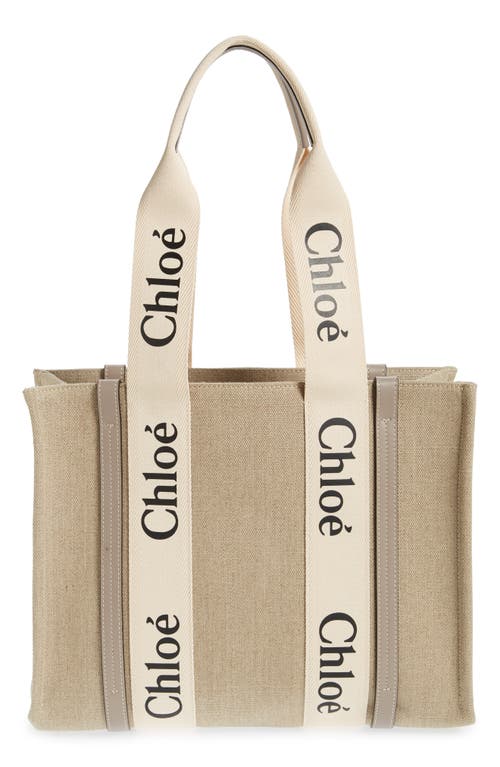 Chloé Medium Woody Linen Tote In Gray