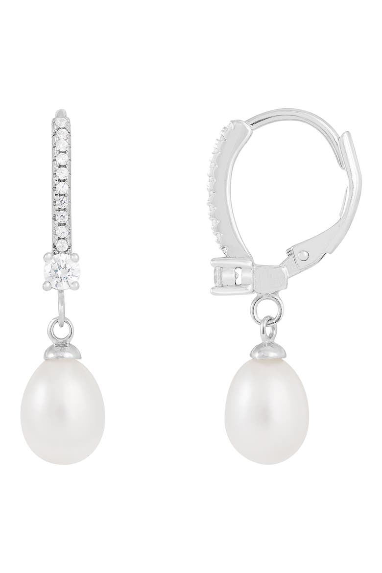 7-8mm Freshwater Pearl & CZ Drop Earrings, Alternate, color, WHITE