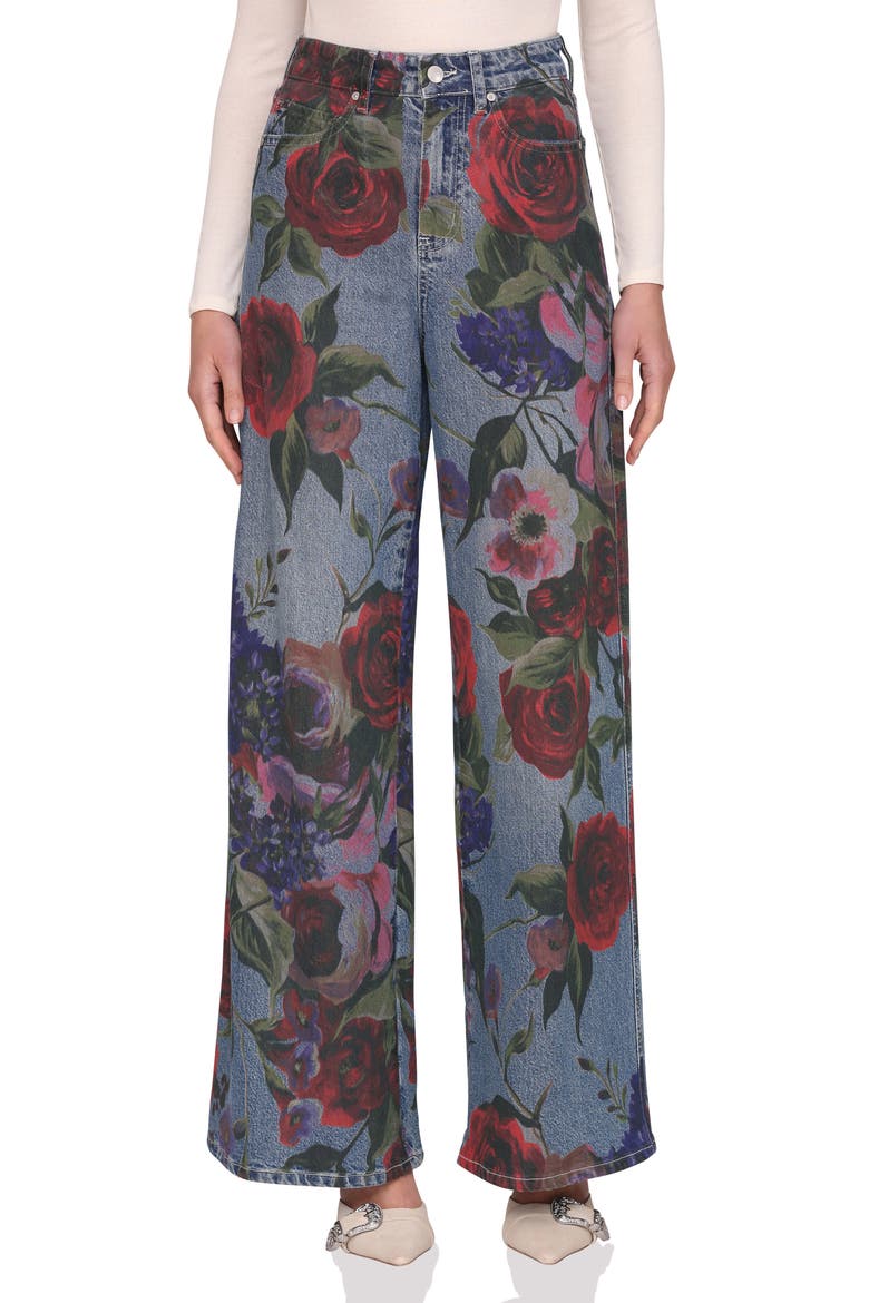 Floral Print High Waist Wide Leg Jeans, Main, color, PORTOFINO ROSE