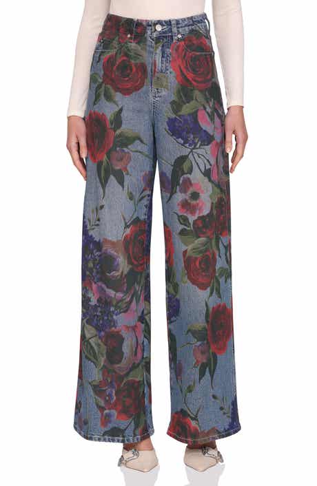 Avec Les Filles Floral Print High Waist Wide Leg Jeans