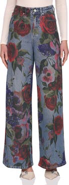 Avec Les Filles Floral Print High Waist Wide Leg Jeans