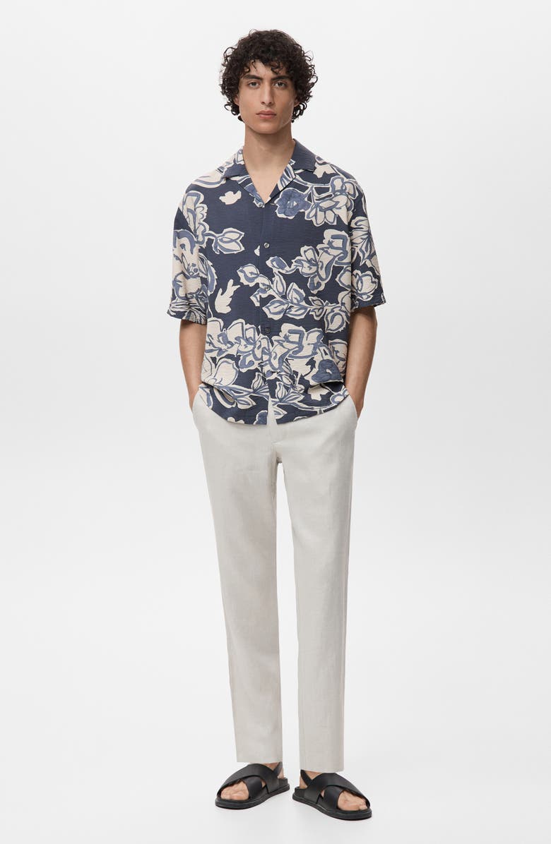 MANGO Wrinkled Effect Floral Camp Shirt, Alternate, color, Navy