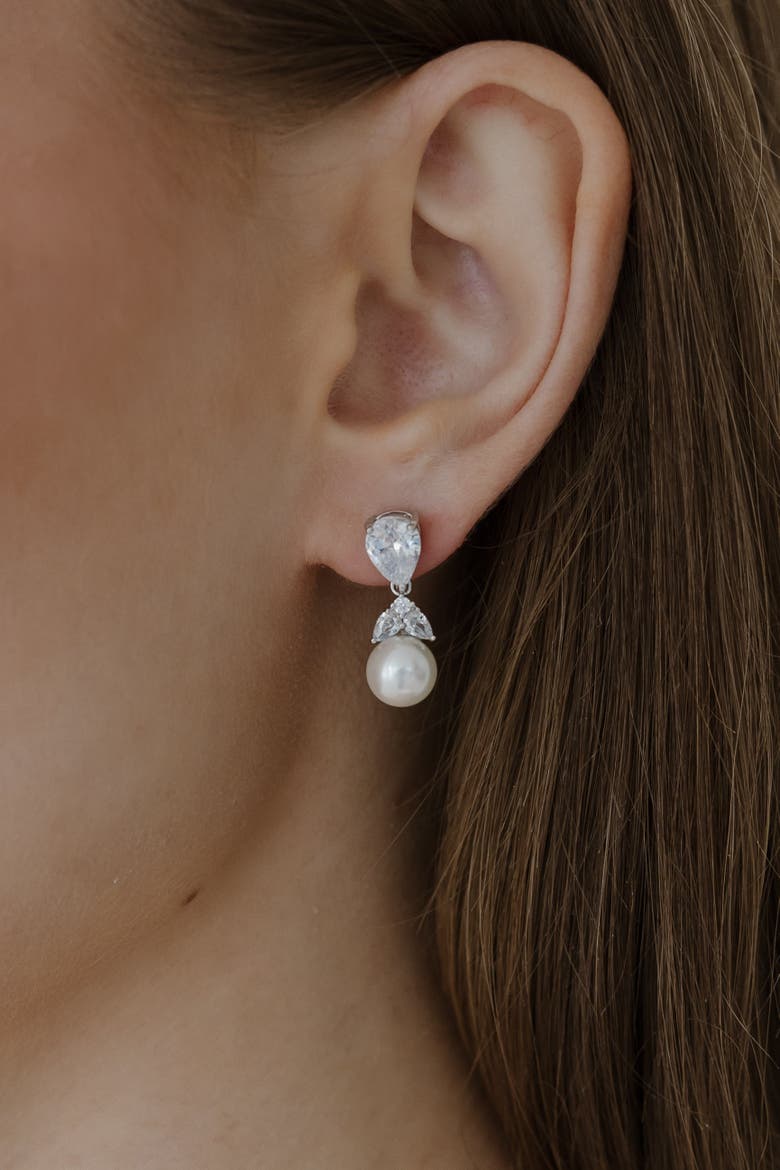 Lumi Pearl and Crystal Earrings, Alternate, color, Metallic Silver