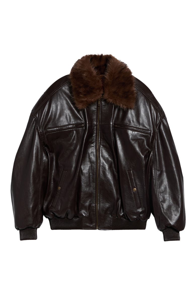 Faux Leather Cargo Flight Jacket With Faux Fur Collar, Alternate, color, GREASE