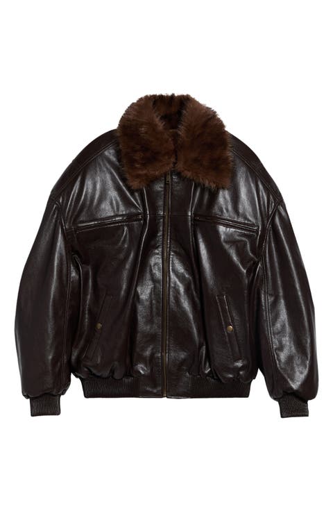Faux Leather Cargo Flight Jacket With Faux Fur Collar