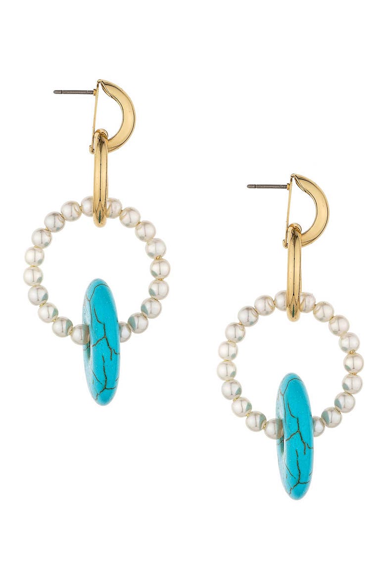 Imitation Pearl Circle & Turquoise Drop Earrings, Alternate, color, GOLD