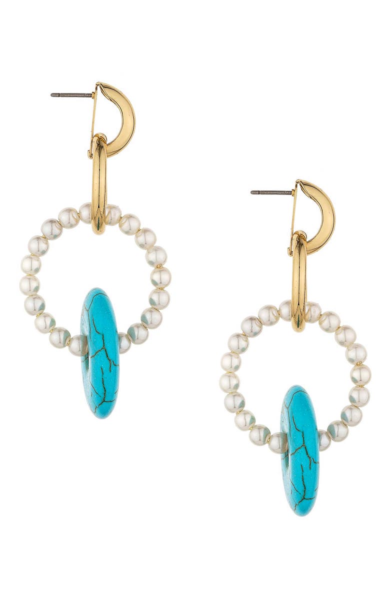 Ettika Imitation Pearl Circle & Turquoise Drop Earrings, Alternate, color, 