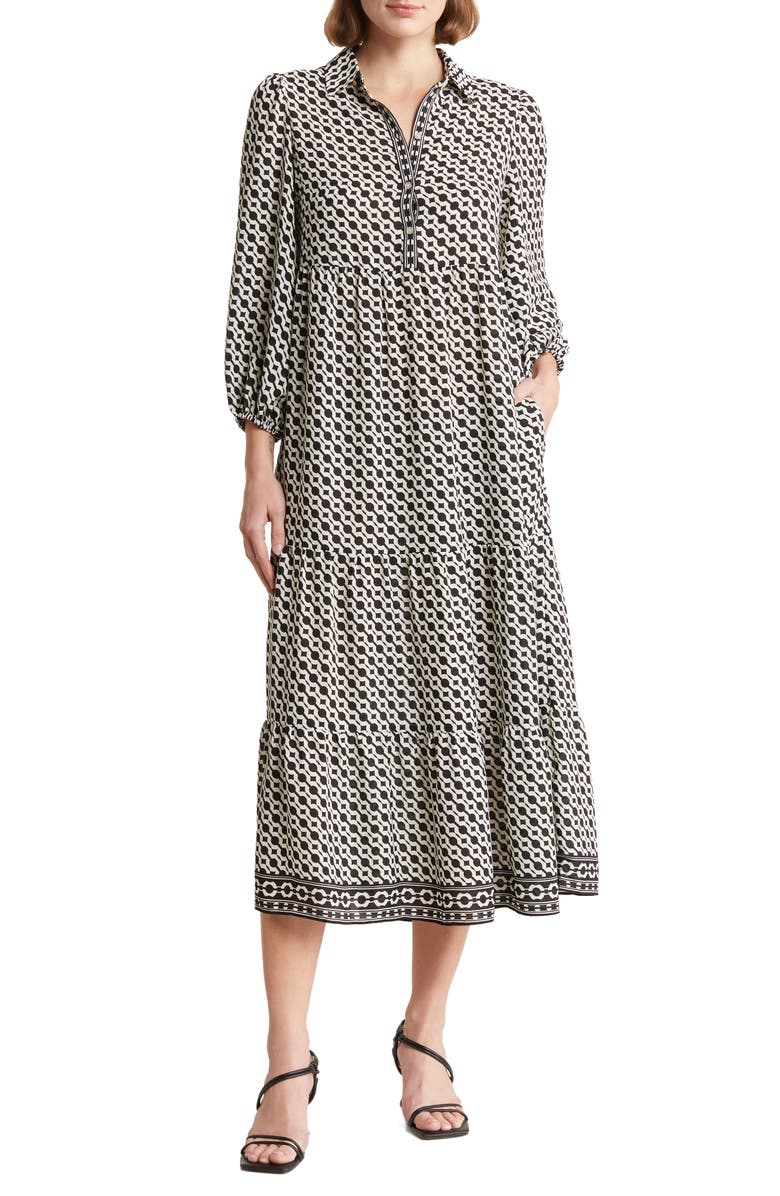 MAX STUDIO Crepe Tiered Maxi Dress, Main, color, Blk/ Ivry Dgnl Strp Trgt