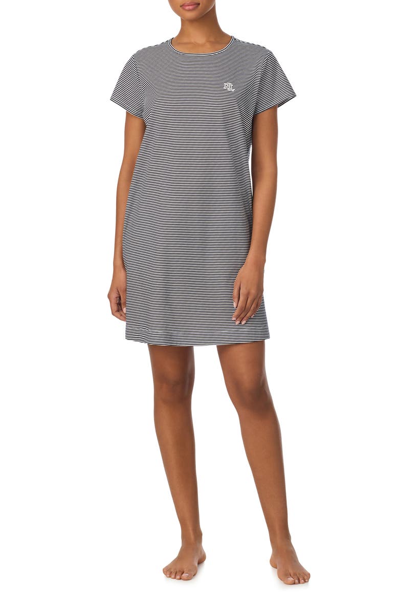 Short Sleeve Cotton Nightgown, Main, color, DARK BLUE/ STRIPE