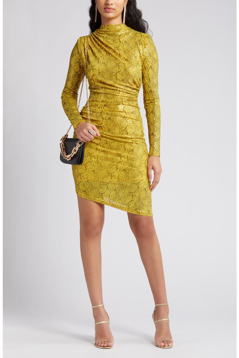 Goldie Sequin Ruched Asymmetric Long Sleeve Dress, Main, color, GOLD