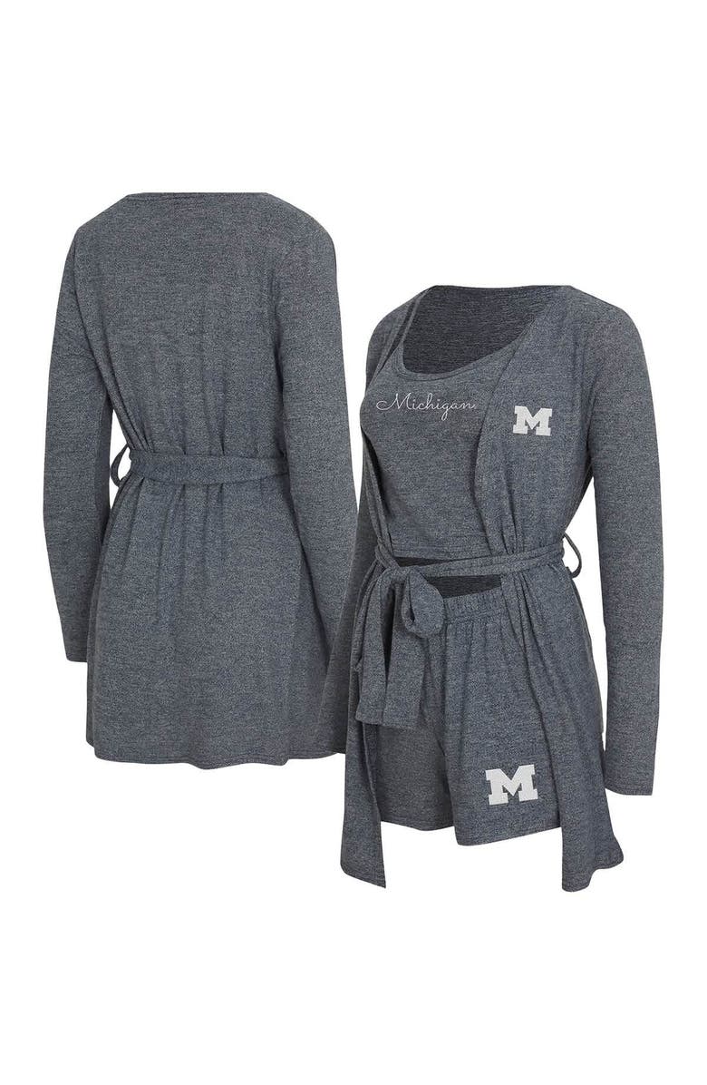 CONCEPTS SPORT Women's Concepts Sport Heather Navy Michigan Wolverines Rigor Three-Piece Tank, Short & Robe Set, Main, color, Heather Navy