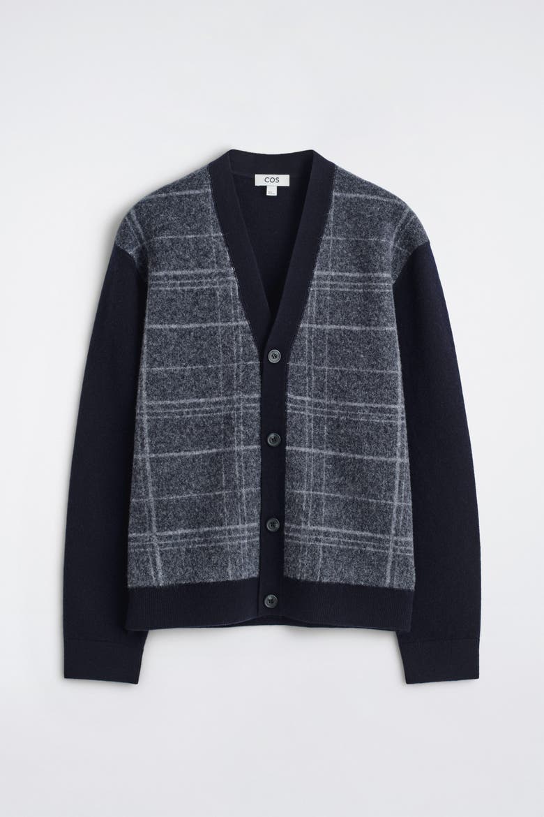 Checked Wool V-Neck Cardigan, Alternate, color, NAVY / CHECKED