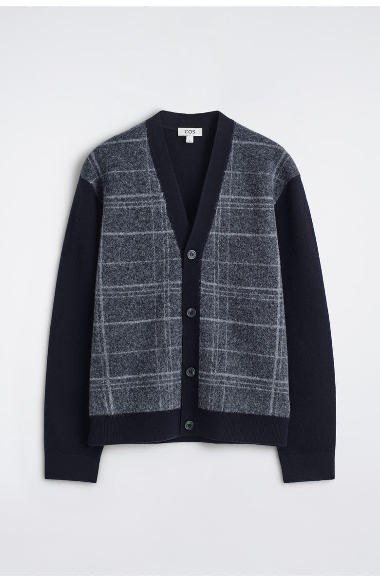 COS Checked Wool V-Neck Cardigan, Alternate, color, Navy / Checked