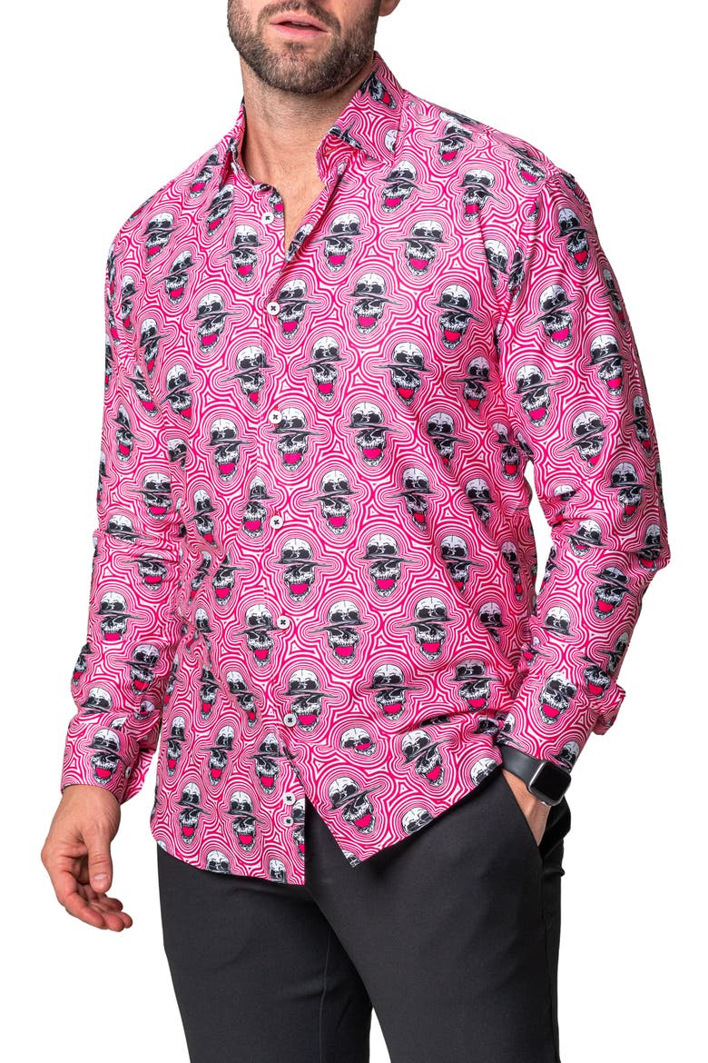 Fibonacci Skull Sonic Regular Fit Cotton Blend Button-Up Shirt, Alternate, color, RED