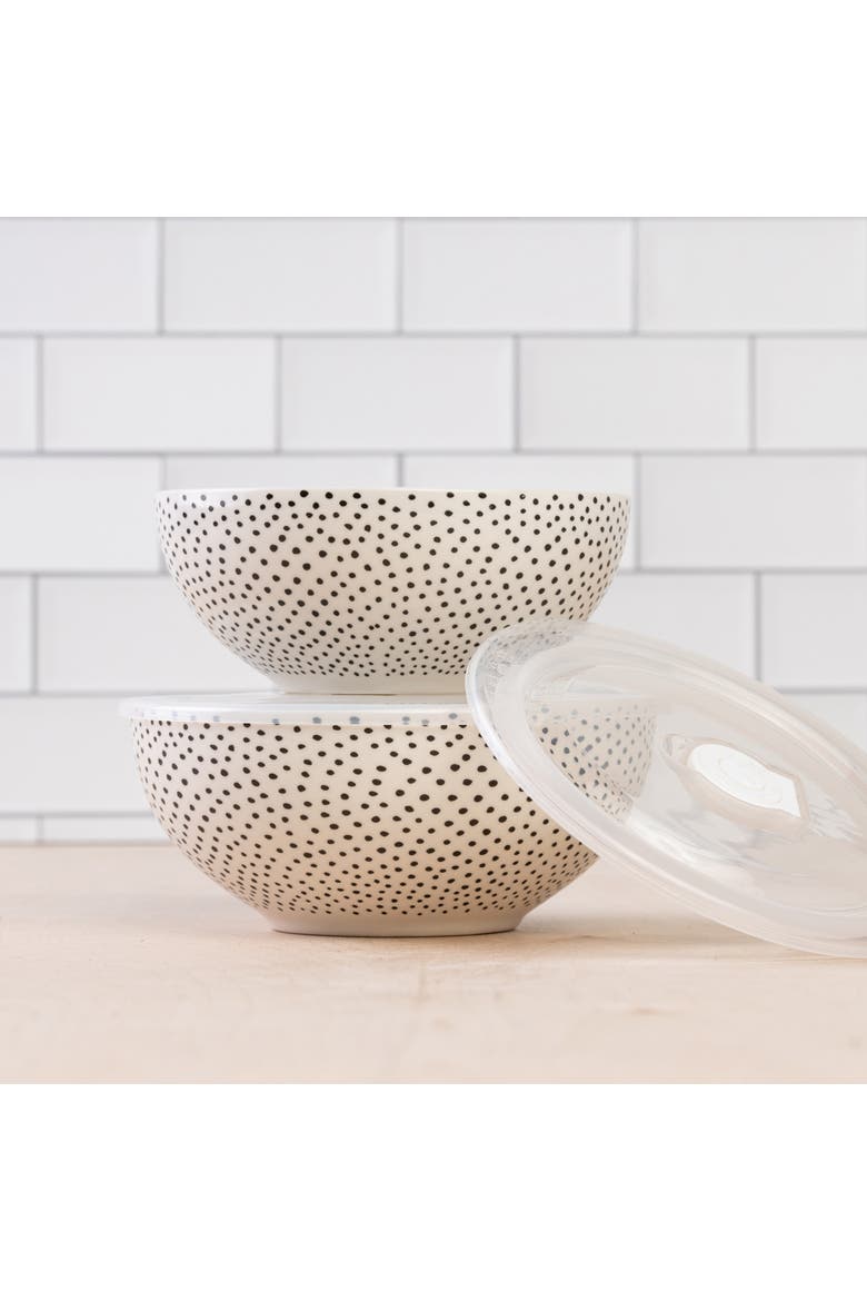 Dotty Bowls w/ Plastic Lid Set of 2 Ceramic White 25.7 oz, Alternate, color, White