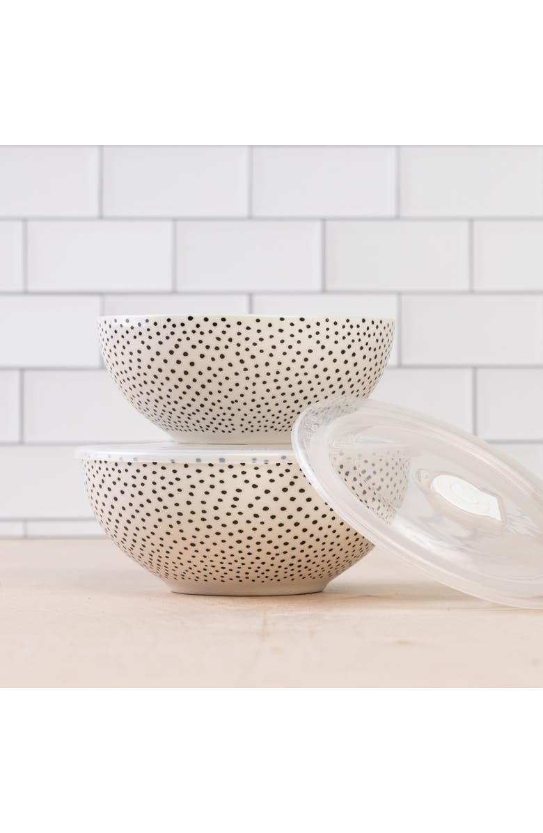 Totalee Gift Dotty Bowls w/ Plastic Lid Set of 2 Ceramic White 25.7 oz, Alternate, color, White