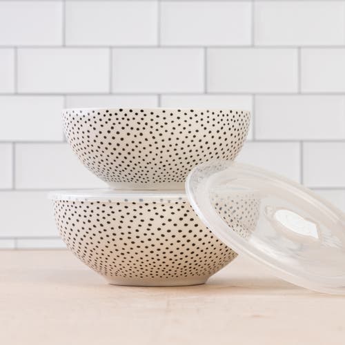 Totalee Gift Dotty Bowls W/ Plastic Lid Set Of 2 Ceramic White 25.7 oz In White