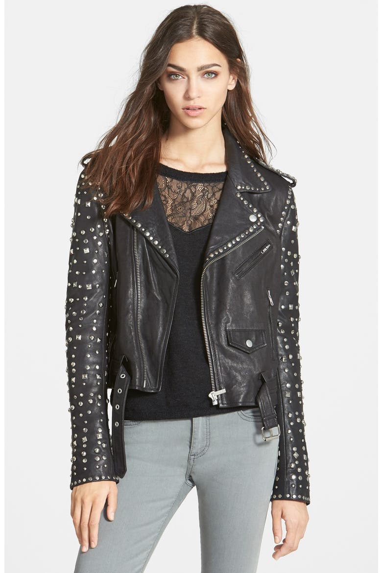 Vintage Studded Leather Jacket, Main, color, BLACK