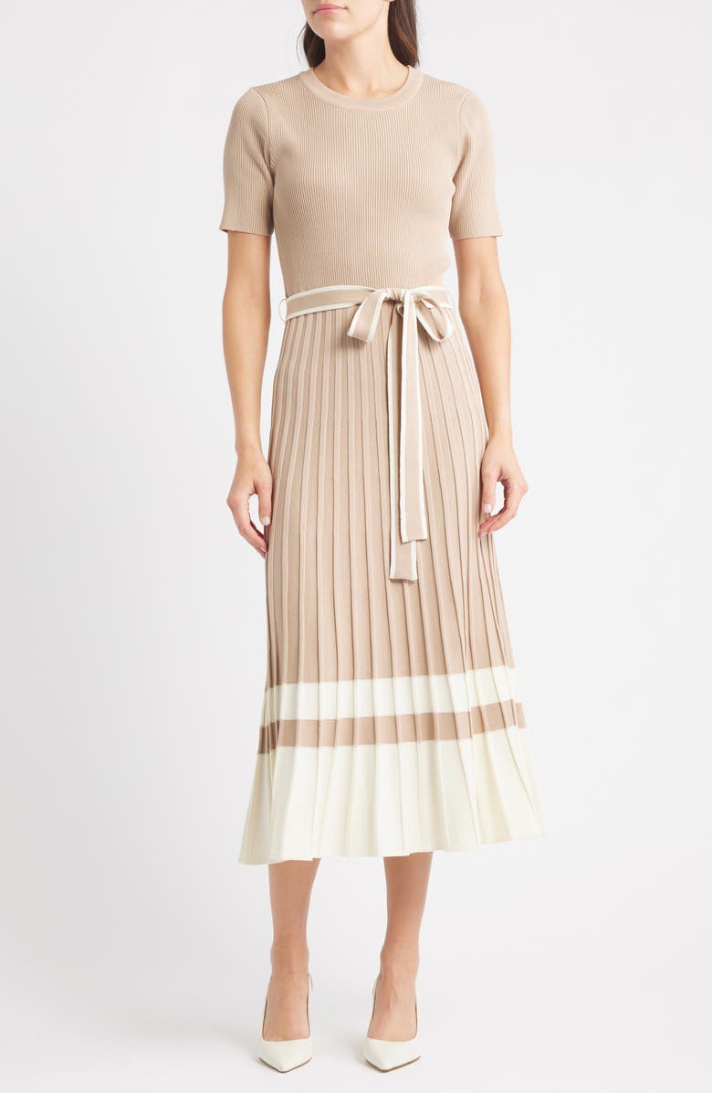 ZOE AND CLAIRE Pleated Tie Waist Maxi Sweater Dress, Main, color, Light Taupe