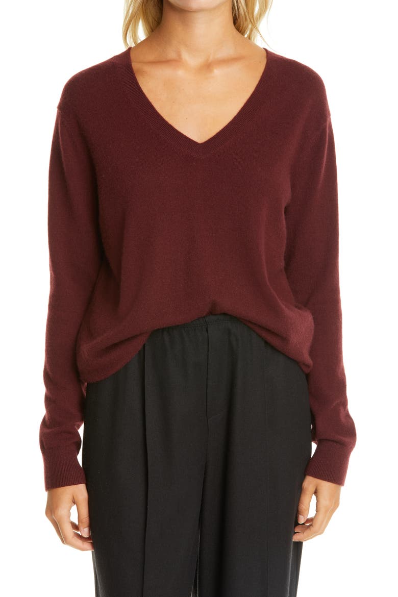Weekend V-Neck Cashmere Sweater, Main, color, BLACK PLUM