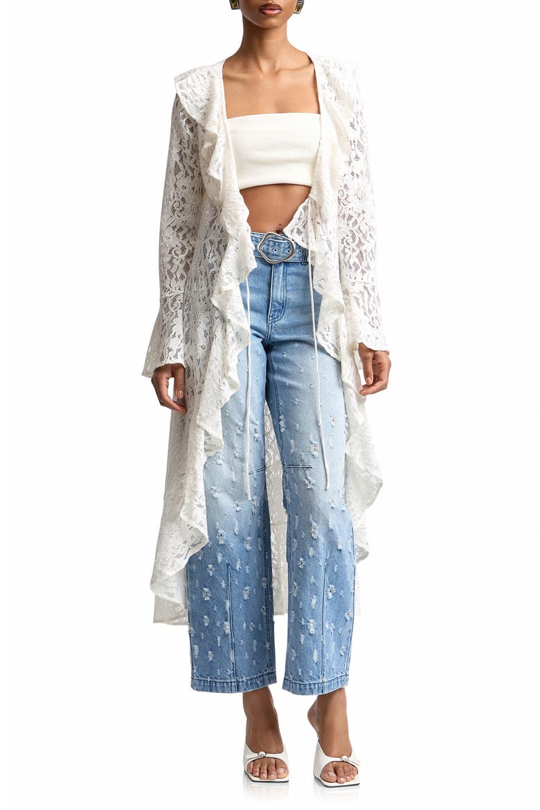 Ruffle Lace Longline Cardigan, Alternate, color, WHITE